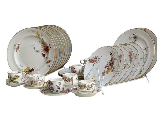 Antique Royal Worcester China Set: Hand-Painted Wildflowers Gilt Trim- Heirloom Wedding Gift