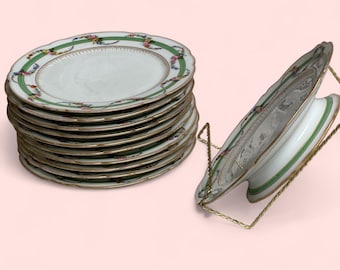 Antique French Dessert Service Set with Hand-Painted Floral Borders