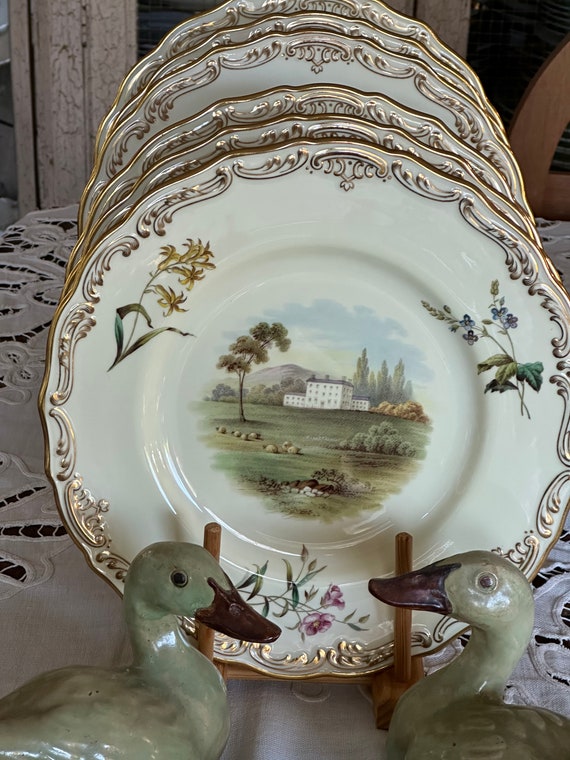 Antique English Floral Plates with Gilt Rims- 1920s Heirloom Copeland Spode Dinnerware Set
