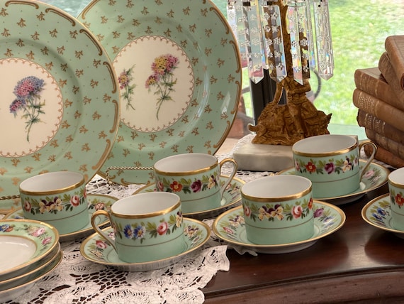 Vintage Royal Worcester Mint Green Floral China Set  with Teacups Florals