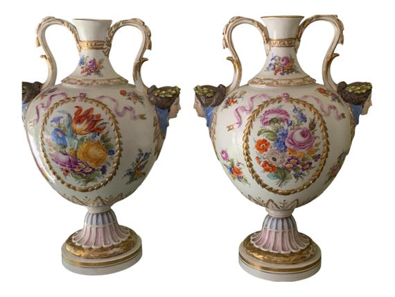 Pr19th Century, Large German Porcelain Urns, Hand Painted Flowers, Romantic Couples, Pastel Colors, Wedding Table Floral Display, C1880 1889