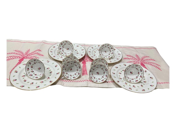 Vintage Minton China Set: Enameled Pink Roses Dinner Plates and Teacups 12pc Heirloom Gift  Circa 1891 1932