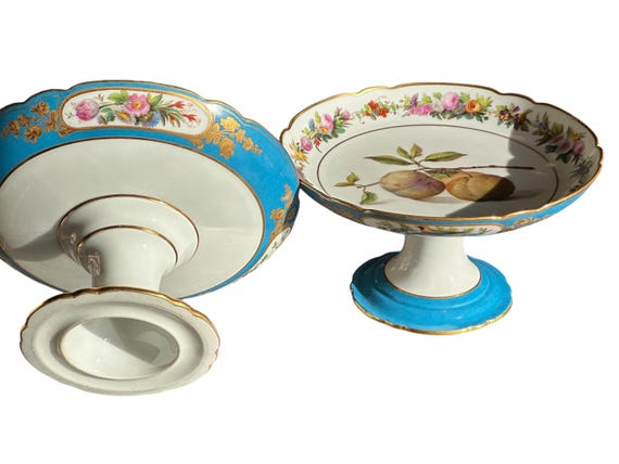Vintage Blue French Sevres Style Dessert Compotes with Hand Painted Fruit Portraits and Gilded Rims
