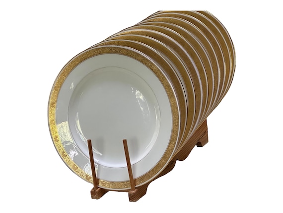 10 Antique Coalport Dinner Plates w Encrusted Gold Border, Crisp White Body, Wedding China, Timeless Classic, 10 Plus Inches, Circa 1800s