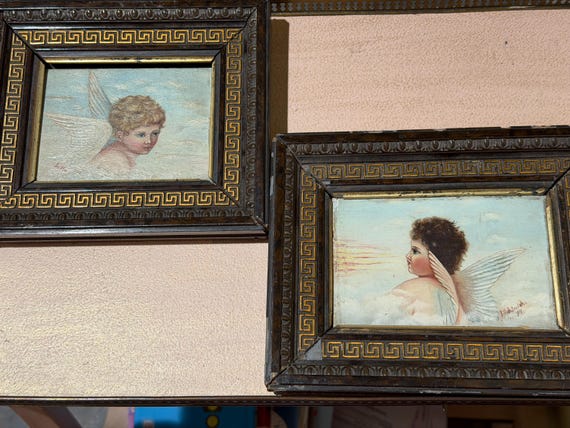 1894 Pair Hand-Painted Cherubs Angels  Artist-Signed Classical Framed Art
