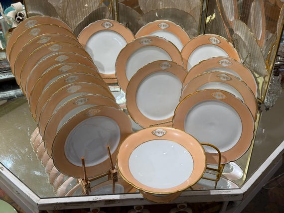 1850 French Old Paris Peach Dessert Set Gilded Scalloped Rims