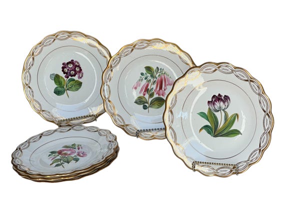 Antique Minton Botanical Dessert Plates: 6pc Heirloom Victorian China with Gilded Basketweave 1845