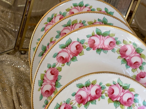 Rare 1800s English Dessert Plates: Enameled Pink Roses Gold Medallion Gilded Rims 9-Inch Antique China