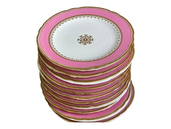 Antique English Dessert Set Pink Collar Gilded Medallion Scalloped Rim- Wedding Gift for Bride