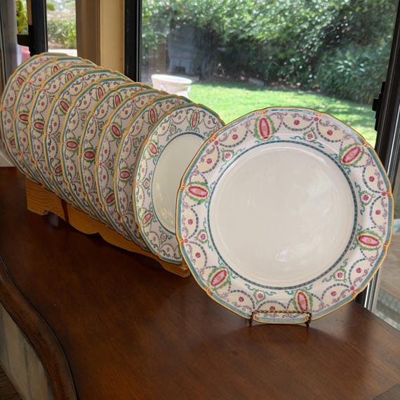1915 Royal Doulton Neoclassic  Blue Antique Dinner Plates with Pink Medallions