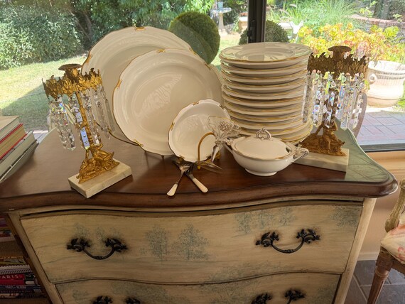 Royal Crown Derby White Bone China Set: Gilded Scalloped Rim Dinnerware 1960s