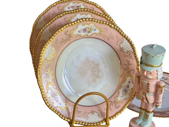 Four Pc Antique Blush Pink Coalport Dessert Plates w Foral Medallions on  Border  Gilded Embossed Rims,  Circa 1880s