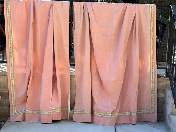 Vintage Pink Silk Moire Drapery Panels: French Ribbon Trim, Pinched Pleats Midcentury Elegance