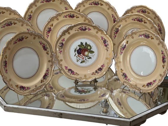 1927 Peach Copeland Spode Dinner Plates: Pink Roses Gilded Scalloped Rims