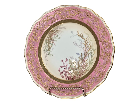 1842 Rare Pink Cauldon Dessert Plate with French Enamel Pate Sur Pate Border Scalloped Rim 9 Inches