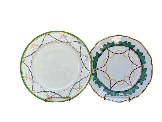 Rare Antique Minton Dinner Plate w Embossed Blue Bellflowers and  Green Rim, Circa 1910