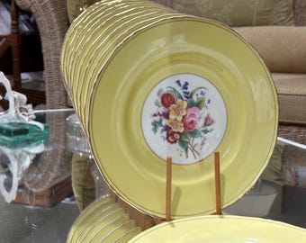 Yellow Royal Worcester Floral Dinner Plates: Scalloped Rim Heirloom Set