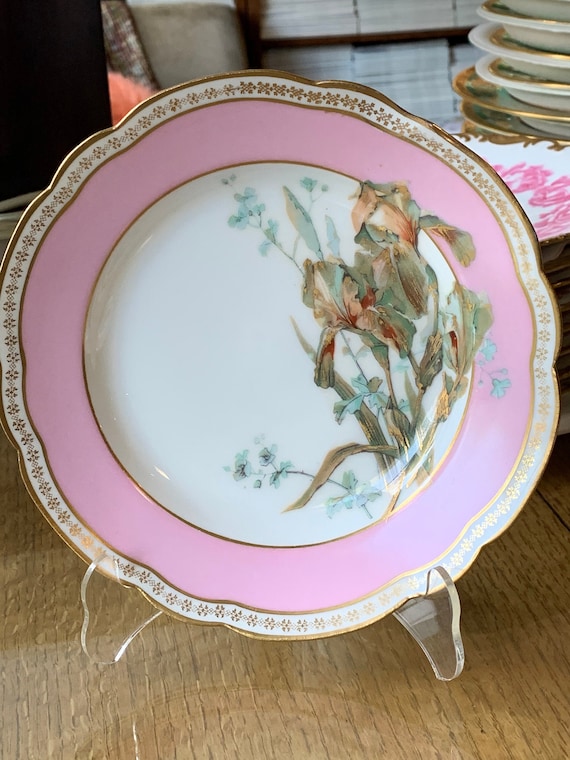 Antique French Pink Soup Bowl Set for 8 with Florals and Gilded Details