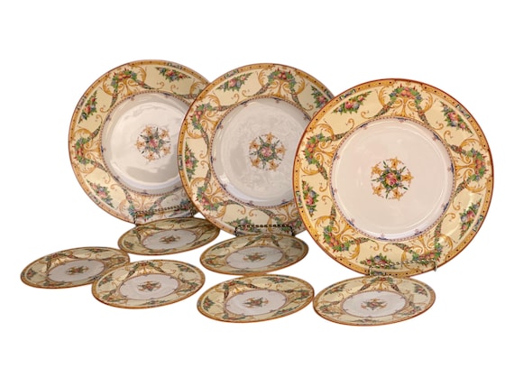 10 Antique Royal Worcester Dinner w  Bread Plates, Rare Buckingham Pattern, Hand Painted Pink Roses w Jeweled Details, Holiday Table,  C1928