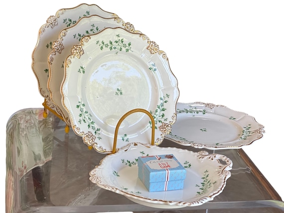 Rare Antique English Dessert Service for 4 w Hand Painted Green Leaves, Floral Sprigs, 4 Dessert Plates, Matching Serving Dish, Circa 1830