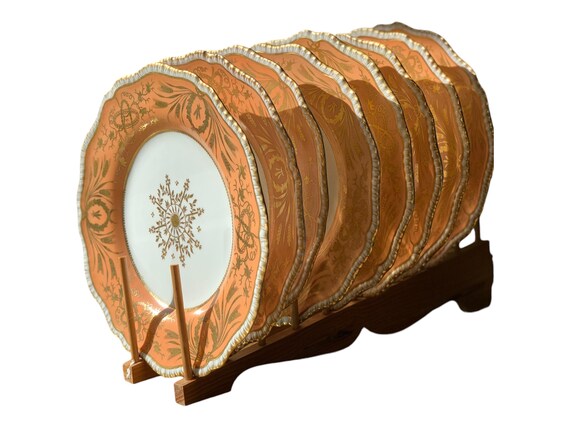 Rare Antique Neoclassical Davenport Tangerine Dinner Plates w Gilded Filagree Overlay and Medallion Scalloped Rim