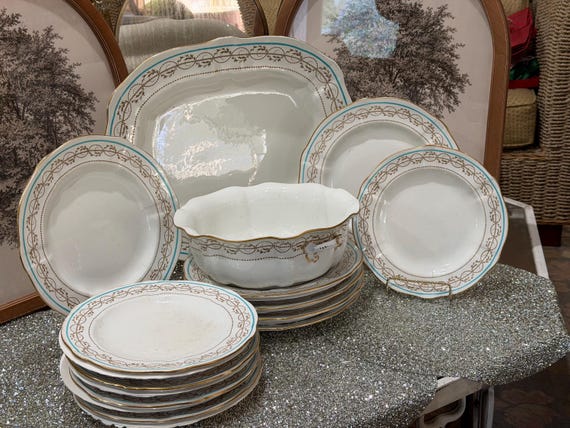 1900 Royal Crown Derby Turquoise China Set 12pc with Gold Design