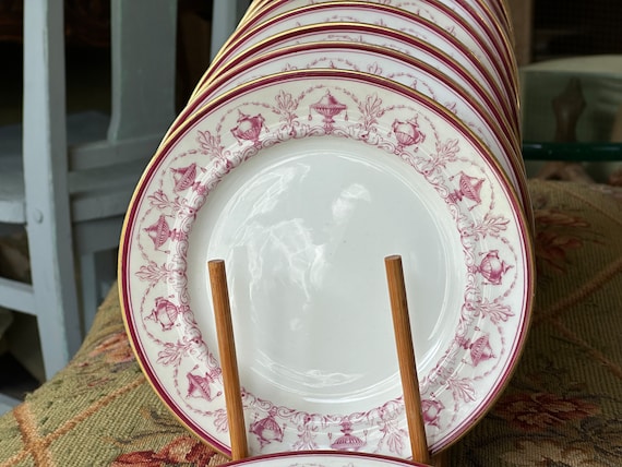 12 Rare Antique English Dessert Plates w Deep Rose Colored Neoclassical Designs, Urns, Arches, Gilt, Classic Wedding China, GiftCirca 1800s