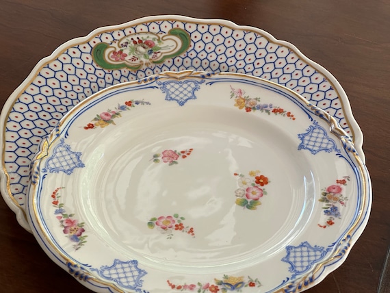 1800s Blue Spode Dessert Plate Set: Hand-Painted Florals, Gilt Molded Rims