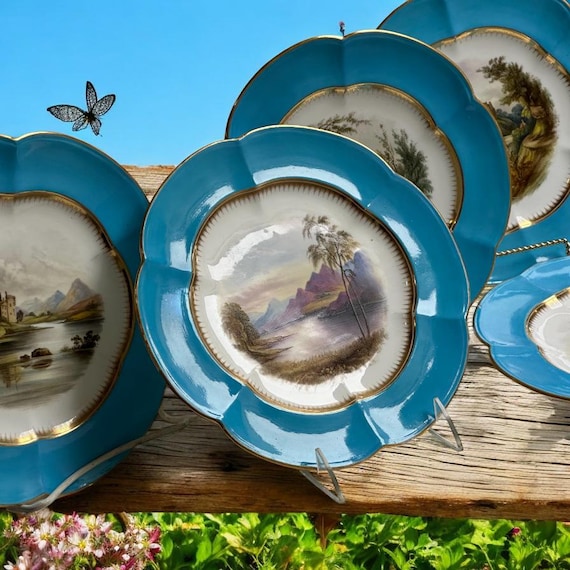 Rare Antique Daniell London Dessert Plates: Celeste Blue Border with Landscape Scenes Heirloom Wedding Gift