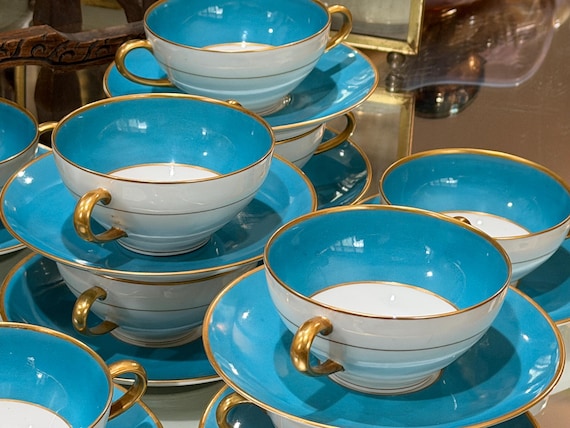 Antique Limoges Celeste Blue Soup Bowls with Saucers French Porcelain 19th Century