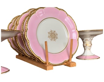 Antique Grainger Worcester Pink China Set; 6 Dessert Plates and 2 Compotes Gilded Rims 1800s Heirloom