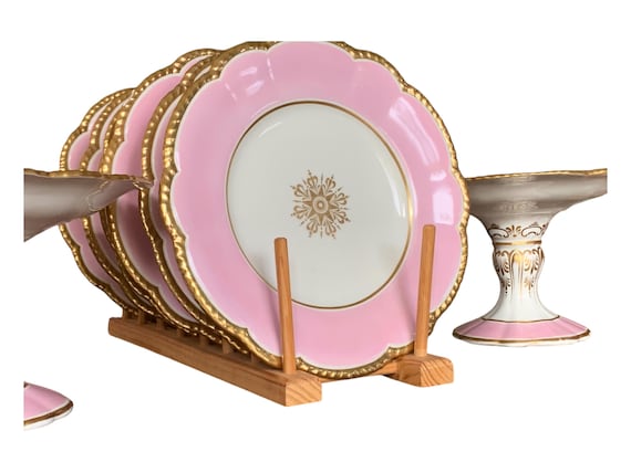 8Pc Antique Pretty in Pink China Set w Gilded Scalloped Rims, 6 Grainger Worcester Dessert Plates and 2 Tall Matching Compotes, Circa 1800s