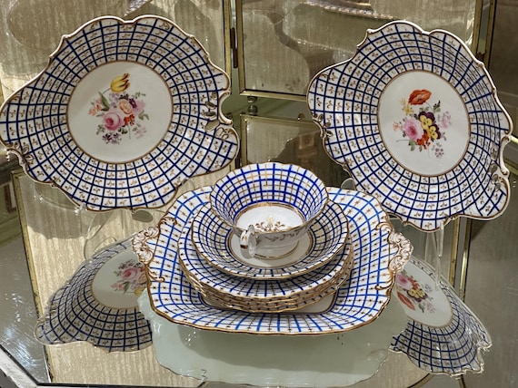 1820 English Blue  Dessert Set: w Unique Plaid Border