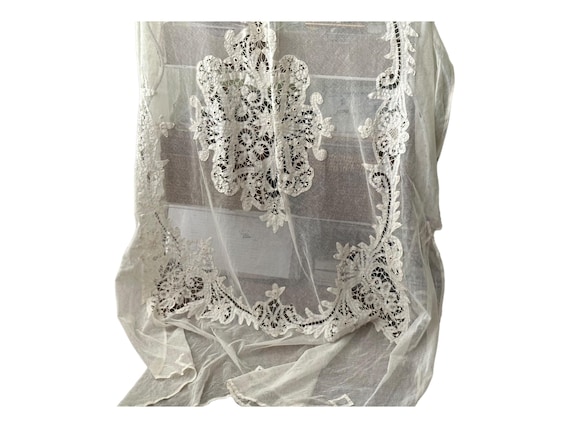 Antique White Battenburg Lace Window Panel:  Embroidered Net Drape