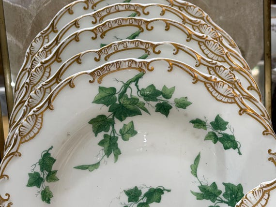 Rare 1800s Minton Dessert Plates: Hand-Painted Green Leaves Scalloped Rims Embossed Design