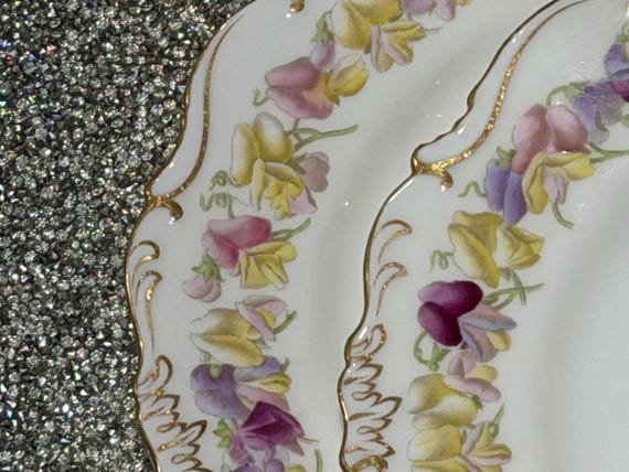 Antique Cauldon Dessert Plates: Hand-Painted Pink and Lavender Spring Florals, Gilt Rim (1891-1932)