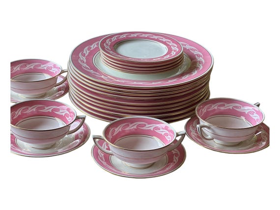 33Pc Antique Pink Minton Dinnerware Set w White Leaves, 10 Dinner Plates, 5 Matching Bread and Butter Plates, 4 Cream Soup Sets, Circa 1930s