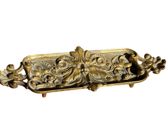 MidCentury Small Embossed Tobacciana Ashtray Footed Brass Trinket Tray, Decorative Classic Desk Tray Desk Display Christmas Gift for Husband