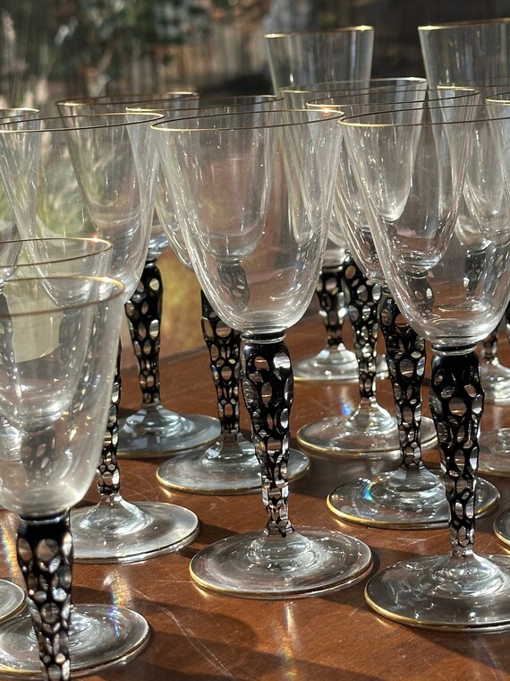 RARE 23Pc Antique French St Louis Glass Stemware w Black Faceted Stems and Gilt Embellishments Circa 1900 1909