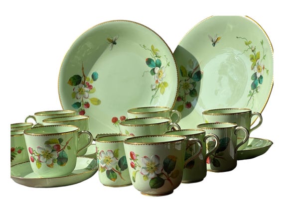 RARE 25Pc Antique Assembled English Dinnerware Set w Pale Green Ground, Hand Painted, Enameled Florals and Bees, Dinner Plates and Teacups