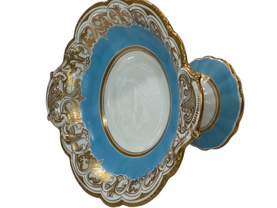 Antique Sky Blue Grainger Worcester Dessert Tazza: Hand-Painted Gilded Scalloped Rims 1800s Heirloom