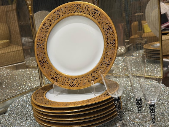 Vintage 1920s Dinner Plates with Gold Embossed Embellishment-Black Knight