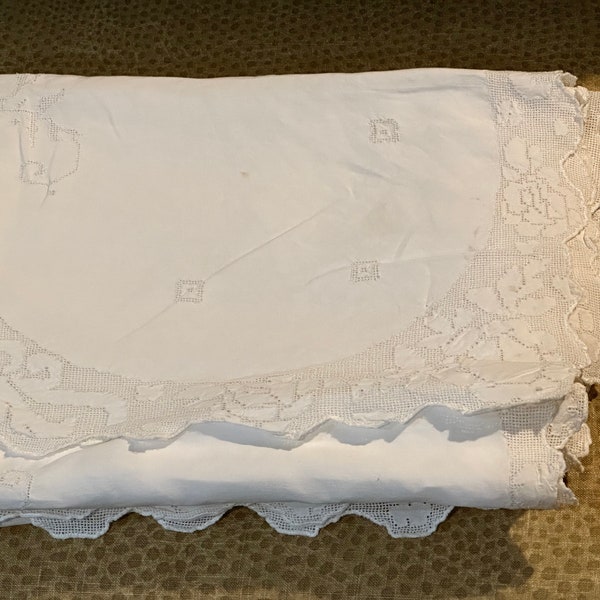 Large French Linen Tablecloth,  Laced Cutwork Panels, Freshly Laundered, 65 X 128 Inches, Circa 1920 1949