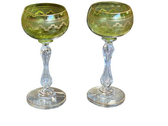 Antique French Glassware, Pr St Louis Crystal Water Goblets w Etched Frosted Design, Gold Encrusted, 6 Plus Inches Tall  Circa 1910