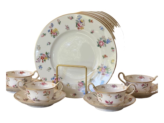 Assembled Antique China Set w Hand Painted Florals, 8 Minton Dinner Plates, 4 Spode Cream Soup Bowls  and Saucers, Timeless Charm,C1891 1932