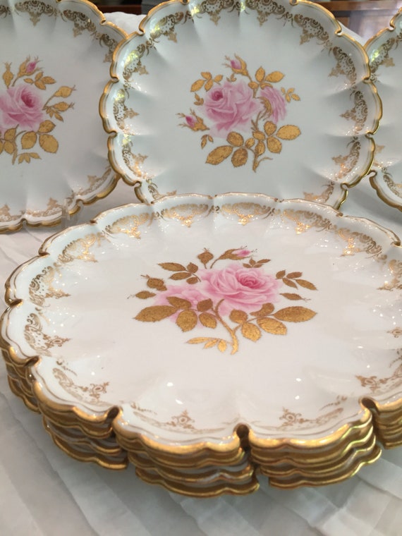 Victorian Porcelain Spode Dessert Plate Set of 7 Pink Roses Gilded Leaves English China