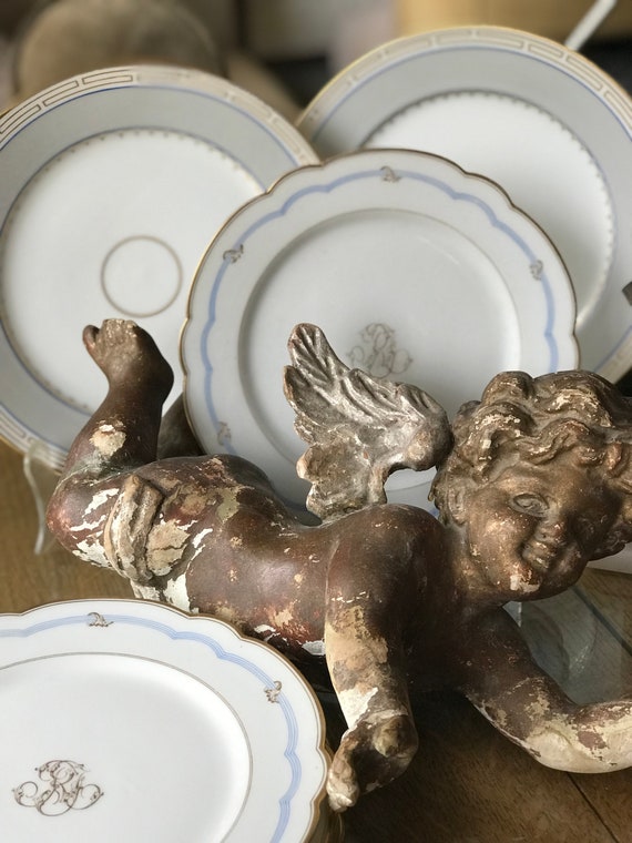 1830 Blue and Gray Neoclassic French China Dessert Set Scalloped Rims