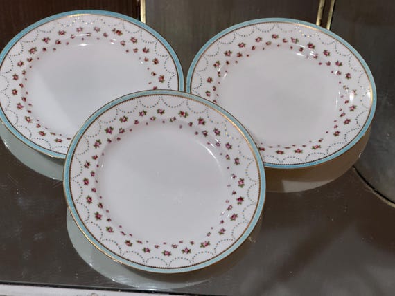 Antique George Jones Dessert Plates: Enameled Pink Roses, Jeweled Aqua Band