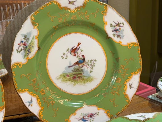 George Jones Hand-Painted Bird Cabinet Dinner Plates (Set of 9)