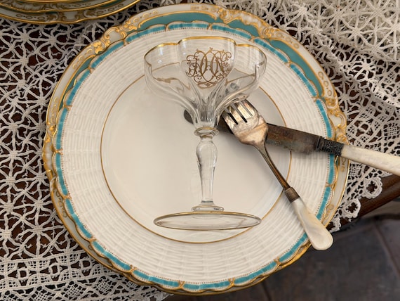 1850 Aqua Copeland Spode Dessert Plates: Basketweave and Gilded Features
